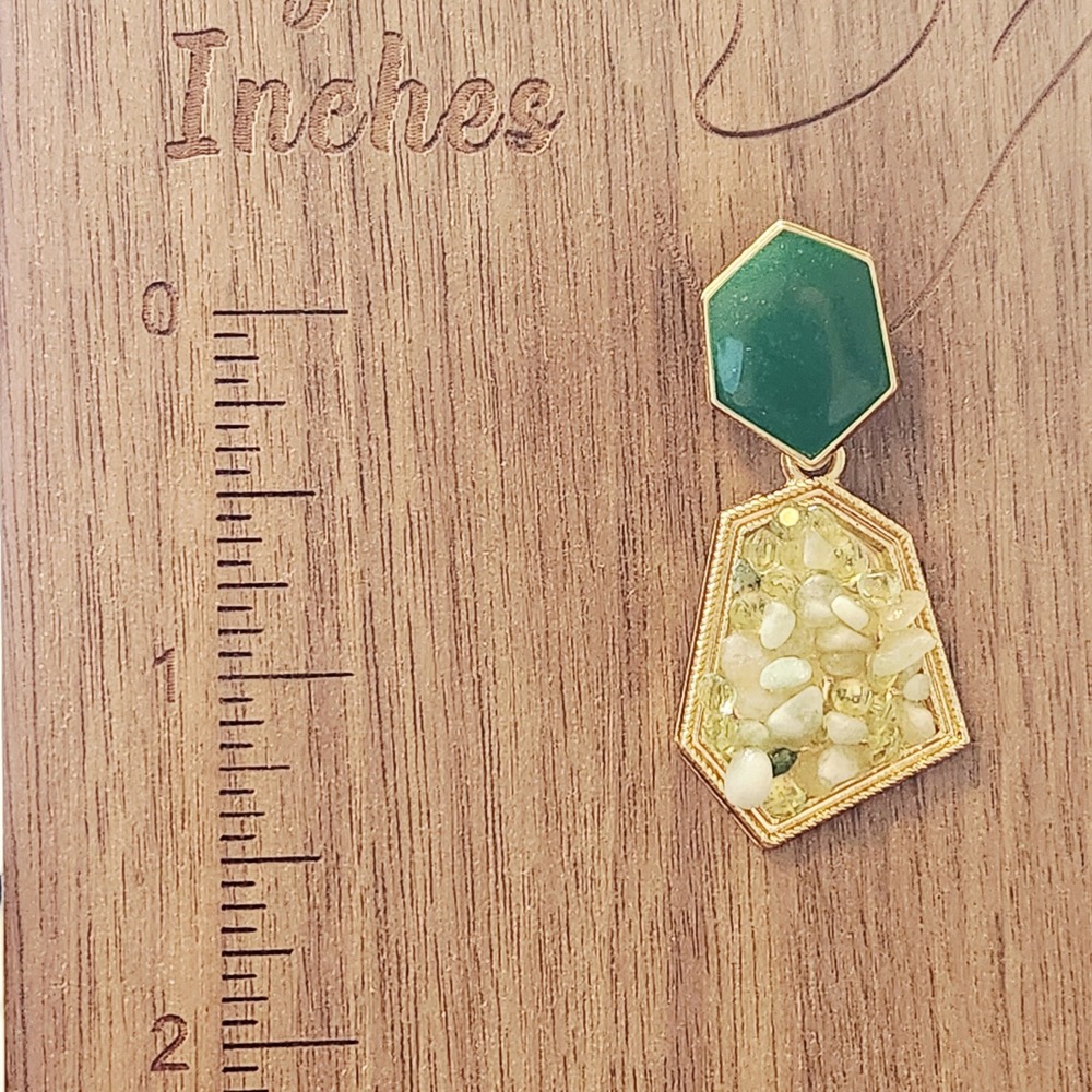 Green Geometric Stone Chip Drop Earrings Gold Tone‎ Hexagon Statement Jewelry - Picture 4 of 8